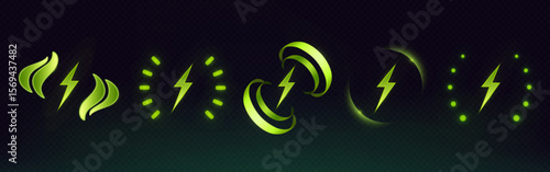 Green wireless charge icons set - glowing energy symbols with lightning bolts, rotating waves and power dots on dark background. Modern technology battery charging indicators for mobile devices.