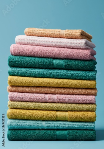 Neat Stack of Colorful Soft Bath Towels on Teal Background