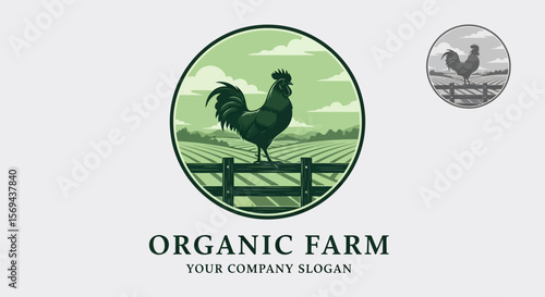 Green Rooster on Fence in Organic Farm Logo Design
