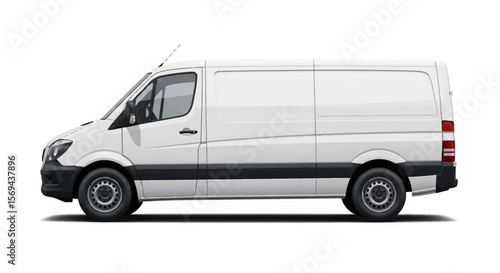 Isolated White Cargo Van Side View with Black Trim and Gray Wheels on White Background