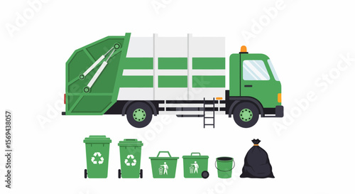 Side View of a Green Garbage Truck with Recycling Bins and Bags