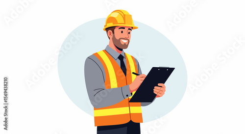 Smiling Construction Worker in Yellow Hard Hat and Safety Vest Writing on Clipboard