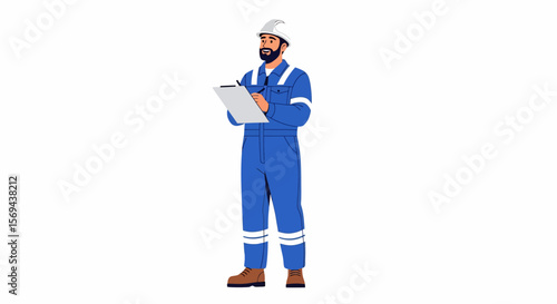 Smiling Engineer in Blue Overalls Writing on Clipboard, White Background