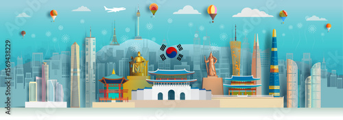 Illustration travel south Korea independence day anniversary and celebration. Tour landmarks south Korea with architecture background,  Travel landmark to seoul in Asia with panorama view.