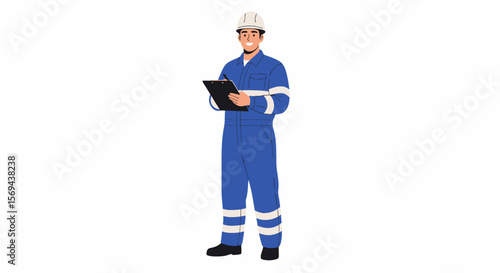 Smiling Worker in Blue Overalls Holding Clipboard and Pen on White Background