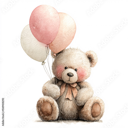 Cute teddy bear with a bow holding pink balloons. Adorable watercolor illustration for a baby shower or birthday.