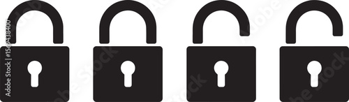 Four black padlock icons showing locked and unlocked states silhouette isolated on white background