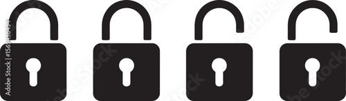 Four padlock icons showing locked and unlocked states silhouette isolated on white background