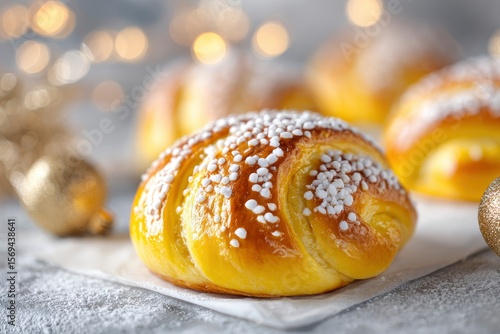 Closeup of a golden bun sprinkled with white sugar set against a blurred background with golden ornaments