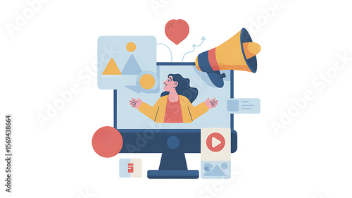 Digital marketing promotion with person on monitor and megaphone displays an engagement campaign on a transparent background.