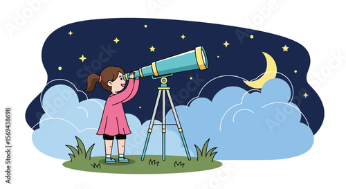 Young girl looking through telescope at night sky discovering celestial wonders