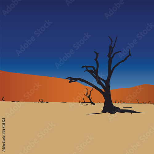 Minimal desert landscape and silhouette with trees, editable, and layered 
