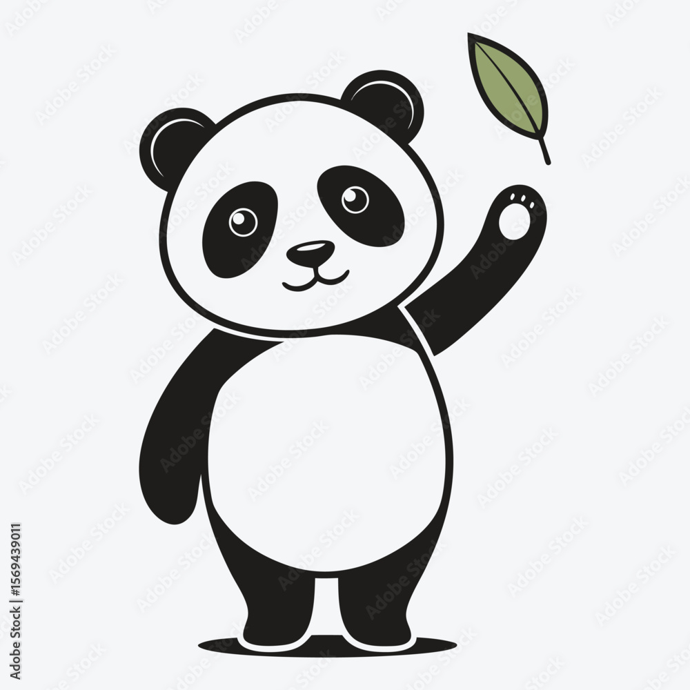 Naklejka premium Cute cartoon panda waving hello with a green leaf in its paw