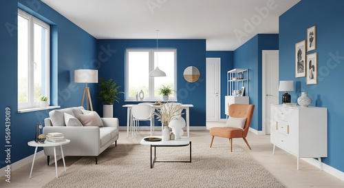 Cozy nordic style living room with pastel blue wall and plants