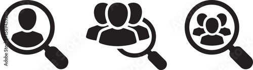 Magnifying glass icons showcasing people search and team analysis silhouette isolated on white background