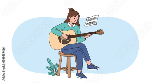 Young woman practicing acoustic guitar learning music notes and chord progression