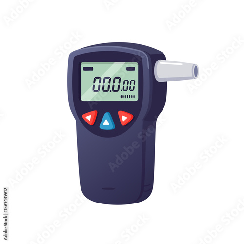 Alcohol breathalyzer with mouthpiece and digital display in flat design 