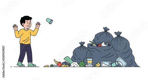 Young boy playing with trash near garbage bags on a white background