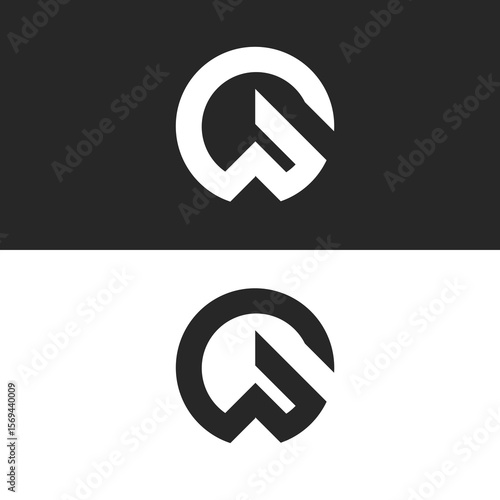 A clean and professional letter Q logo design combining bold geometric shapes and sharp lines. Presented in both black and white variations, this minimal and modern vector logo is ideal for tech start