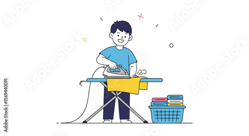 Young boy ironing clothes on a board in a laundry room