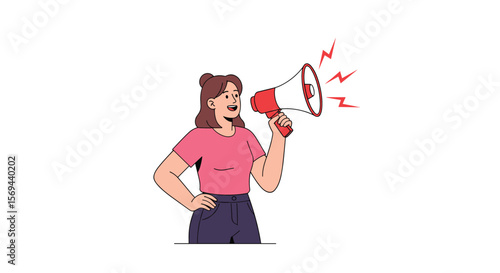 Woman with megaphone announcing information and spreading awareness loudly