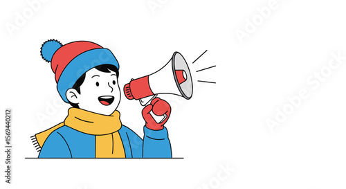 Young person wearing winter clothes announces important news through megaphone