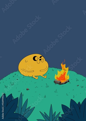 Night Campfire Scene with Cartoon Dog Character – Flat Style Digital Illustration