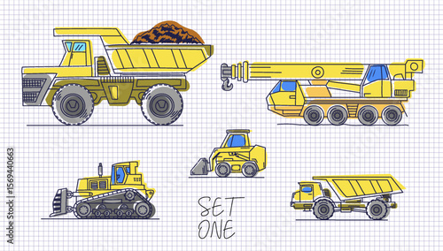 Vector colored doodles. Set of various hand drawn heavy construction vehicles. Large quarry dump truck, crane, bulldozer, mini bucket loader and dumper. Simple transport. Part 1