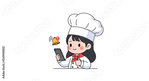Cute chef character using smartphone for online food delivery notifications and ordering