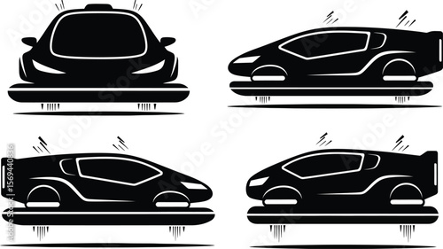 Flying futuristic car designs are isolated on white background
