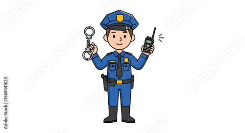 Friendly cartoon police officer holding handcuffs and radio communicator ready to serve and protect