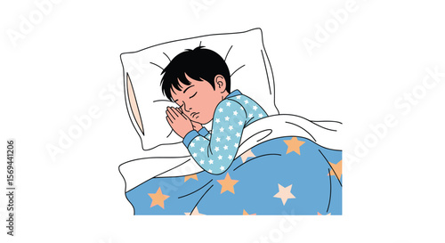 Peaceful young boy sleeping comfortably in bed with star pattern blanket