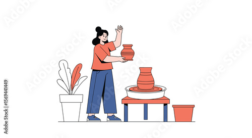 Creative woman making pottery on a wheel with plants and clay pots for home decor