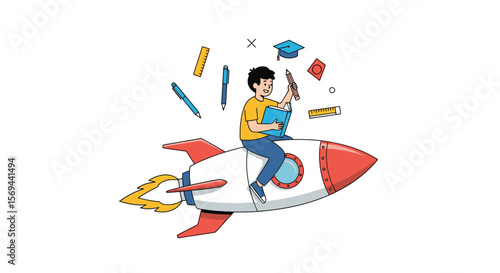 Education takes flight with a young learner riding a rocketship symbolizing knowledge and future success