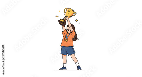 Young athlete celebrates victory holding trophy high above head in excitement and triumph