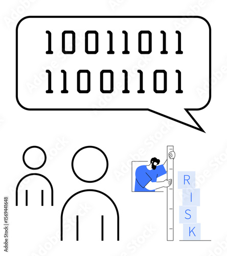 Binary code in a speech bubble, two abstract figures, and a man assessing stacked blocks labeled RISK . Ideal for technology, communication, risk analysis, data processing, teamwork, measurement