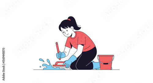 Young woman cleaning the floor with a brush and bucket after mopping