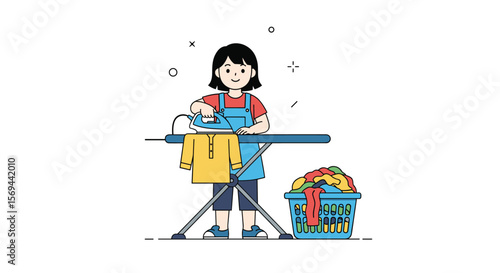 Young woman ironing clothes on board with laundry basket full of laundry at home