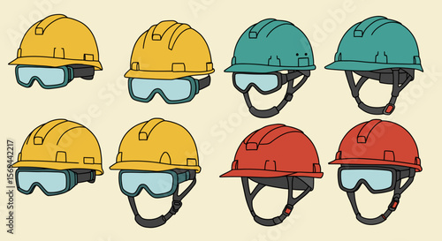 Assorted Safety Helmets and Goggles in Various Colors for Construction or Industrial Use