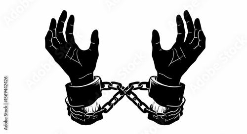 Chained Hands Reaching Upward: Black and White Silhouette Illustration