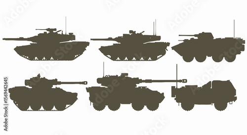 Collection of Six Military Vehicle Silhouettes: Tanks and Armored Personnel Carriers
