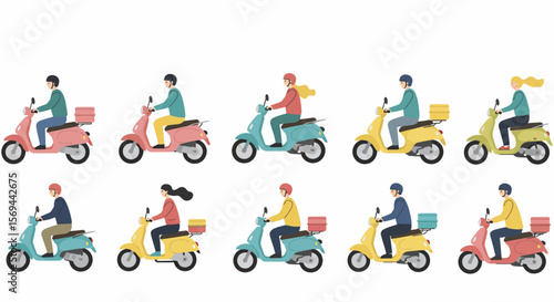 Colorful Flat Illustration of People Riding Motor Scooters with Delivery Boxes
