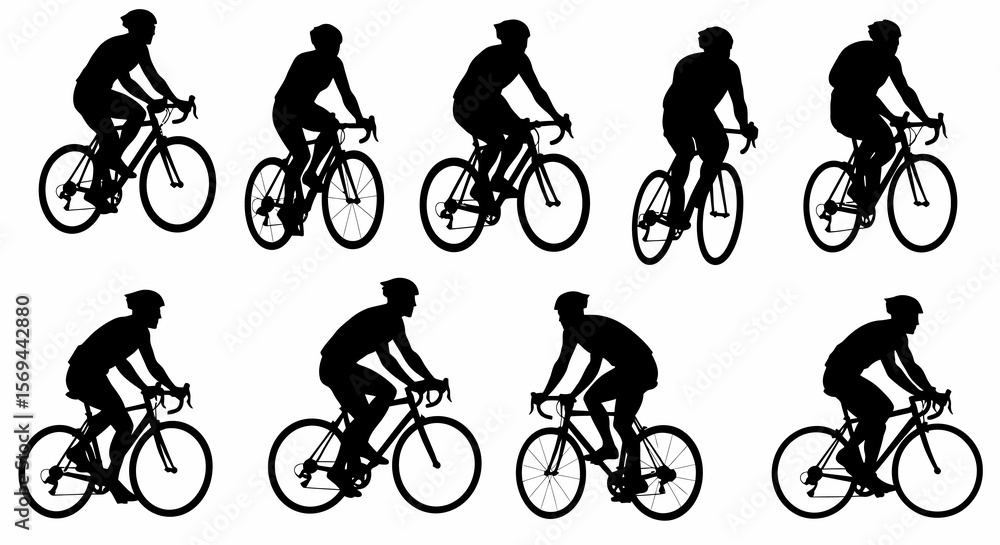 Obraz premium Eight Silhouettes of Cyclists on Road Bikes, Dynamic Poses, Black on White