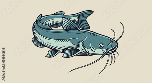 Detailed Illustration of a Blue Catfish with Long Barbels and Distinct Fins