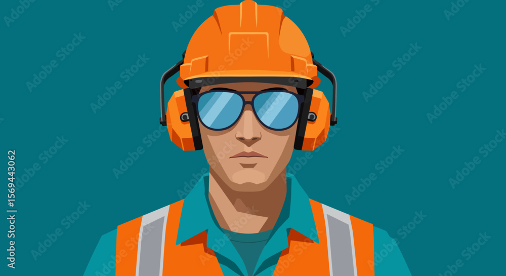 Cartoon Construction Worker Portrait with Orange Hard Hat and Safety Gear Cartoon Construction Worker Portrait with Orange Hard Hat and Safety Gear
