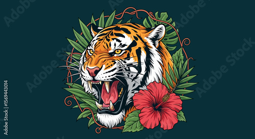 Fierce Tiger Head Roaring with Red Hibiscus and Tropical Foliage