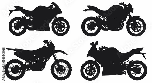 Four Black Silhouettes of Motorcycles: Sportbike, Adventure, Dirt Bike, and Sport-Tourer Styles