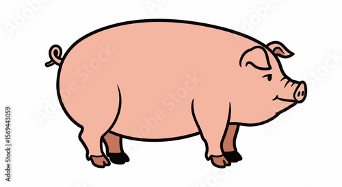 Cartoon Pig Illustration: Pink Body, Black Outline, Curled Tail, Cute Farm Animal