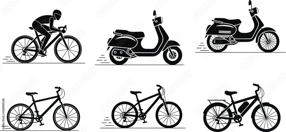 Fototapeta premium Various bicycles and scooters isolated on white background