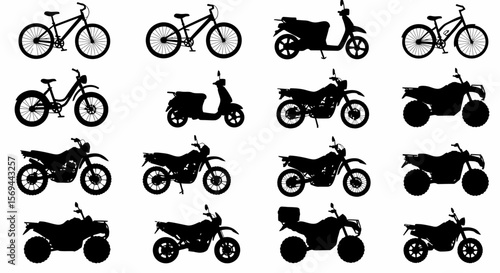 Collection of Black Silhouette Transportation Vehicles: Bicycles, Scooters, Motorcycles, and ATVs